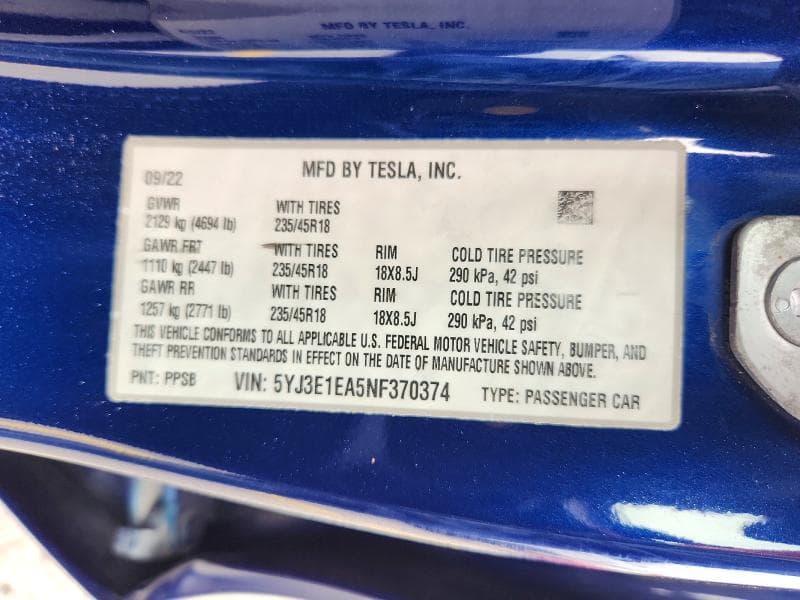 2022 TESLA MODEL 3 12