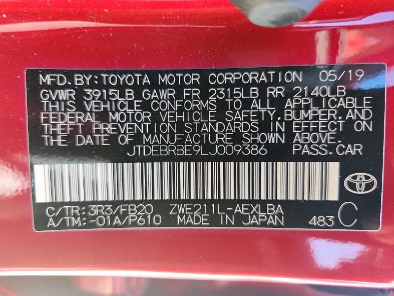 2020 TOYOTA COROLLA LE 12