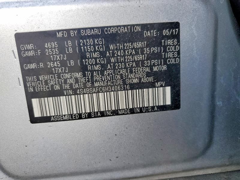 2017 SUBARU OUTBACK 2.5I PREMIUM 12