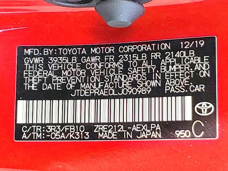 2020 TOYOTA COROLLA LE 12