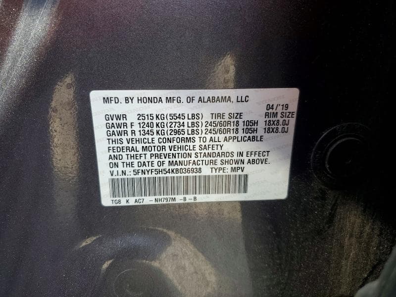 2019 HONDA PILOT EXL 13