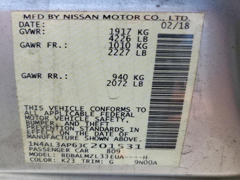 2018 NISSAN ALTIMA 2.5 SV 12
