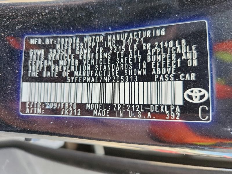 2021 TOYOTA COROLLA LE 12