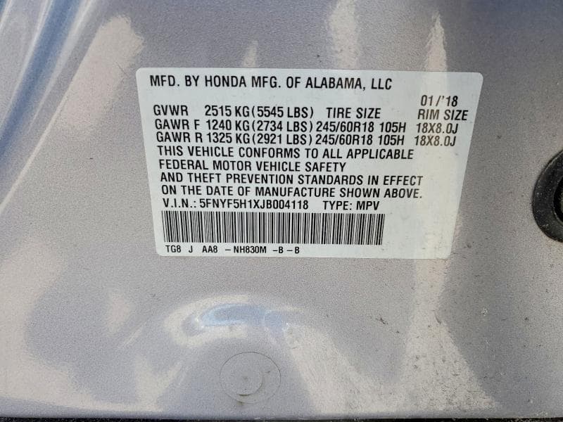 2018 HONDA PILOT LX 13
