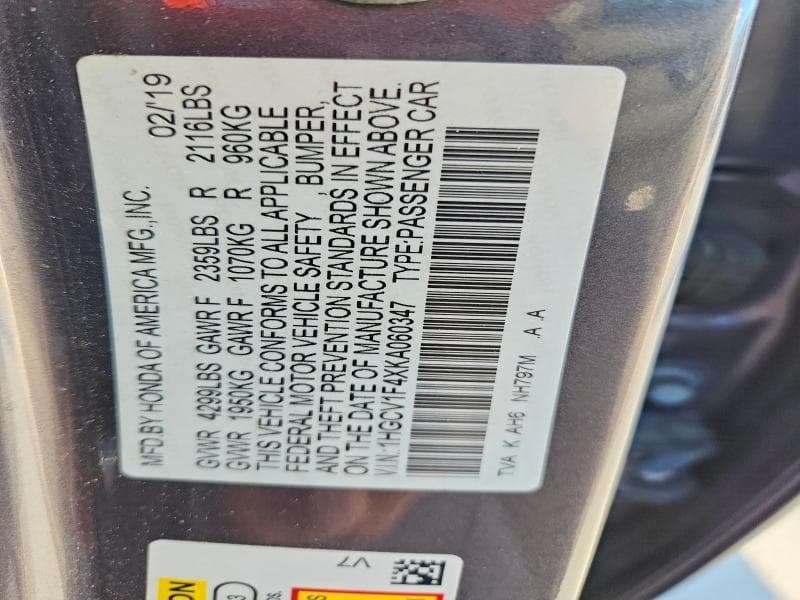 2019 HONDA ACCORD EX 12