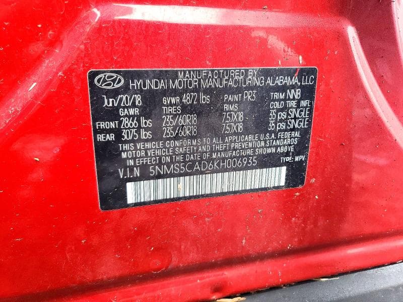 2019 HYUNDAI SANTA FE LIMITED 2.4L 12