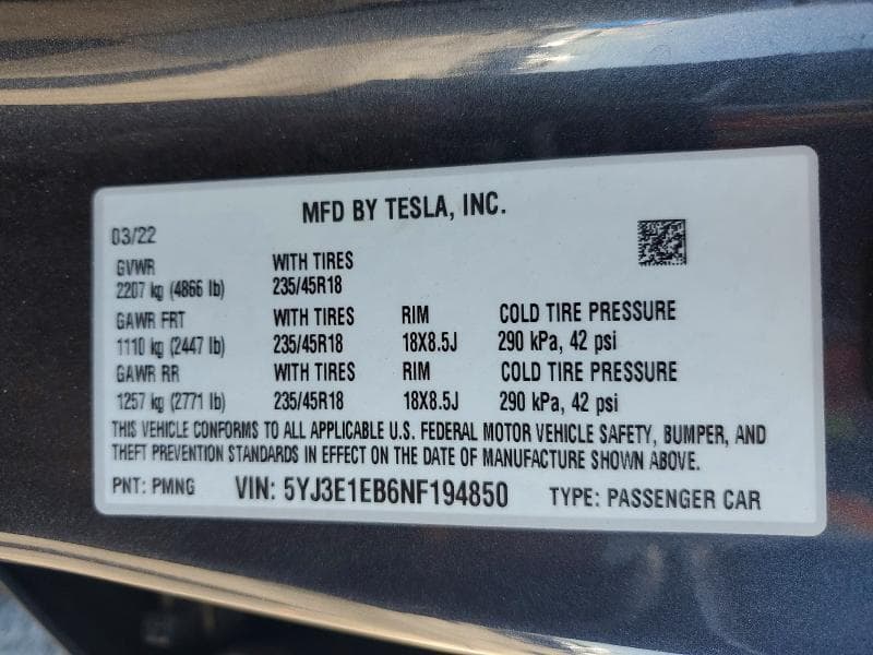 2022 TESLA MODEL 3 12
