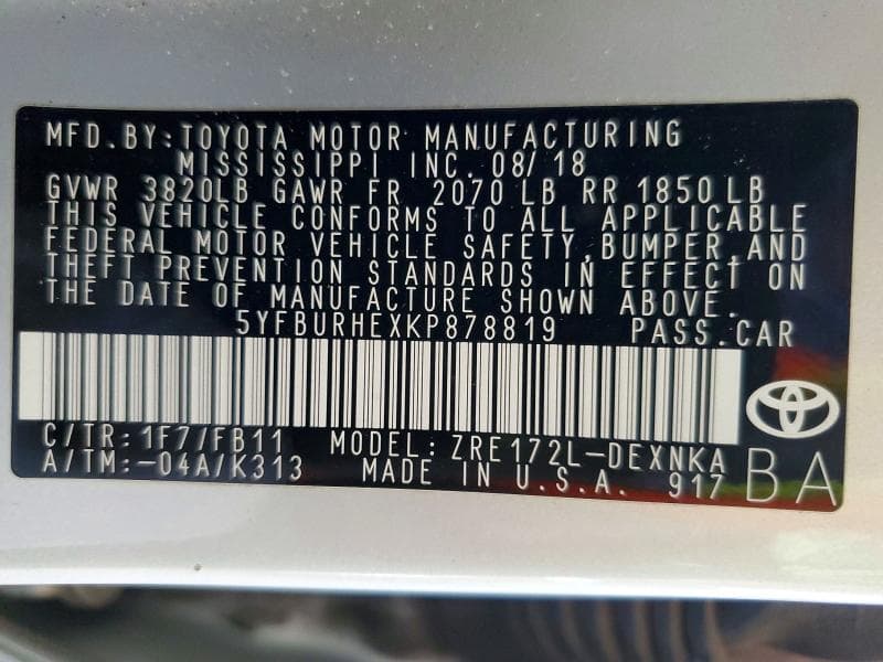 2019 TOYOTA COROLLA LE 12