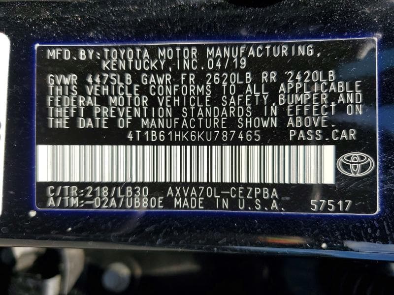 2019 TOYOTA CAMRY XSE 12