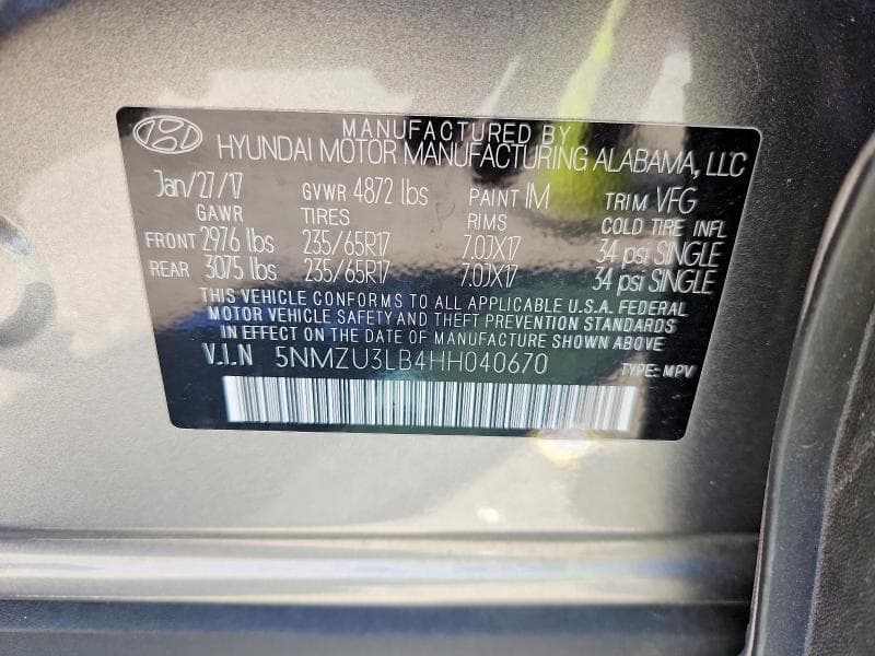 2017 HYUNDAI SANTA FE SPORT 2.4L 12