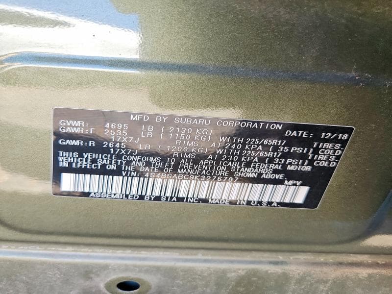2019 SUBARU OUTBACK 2.5I 12