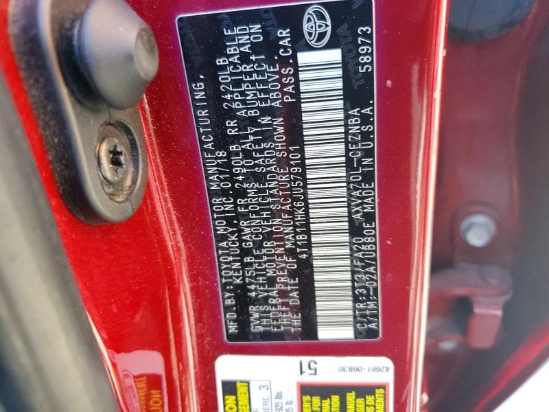 2018 TOYOTA CAMRY LE 12