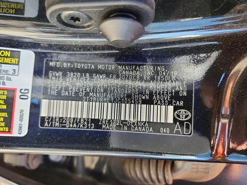 2018 TOYOTA COROLLA LE 12
