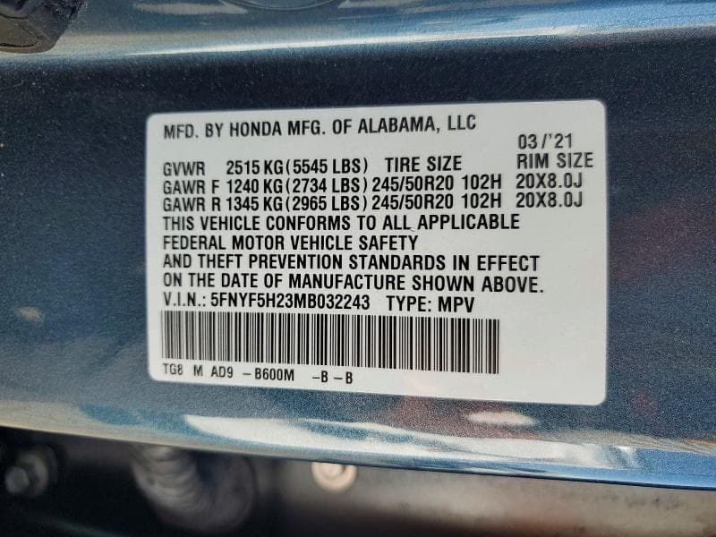 2021 HONDA PILOT SE 13