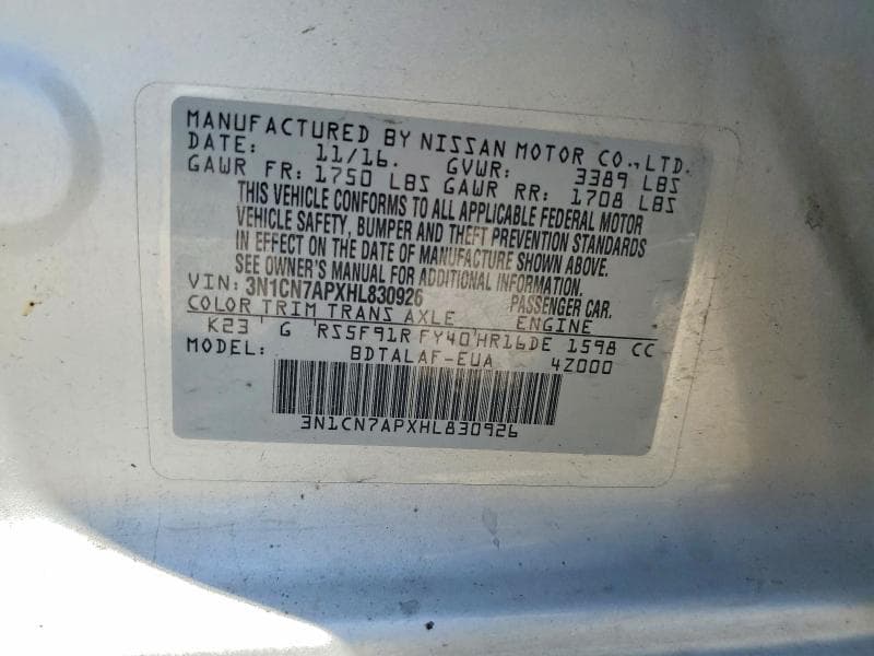 2017 NISSAN VERSA 1.6 S 12