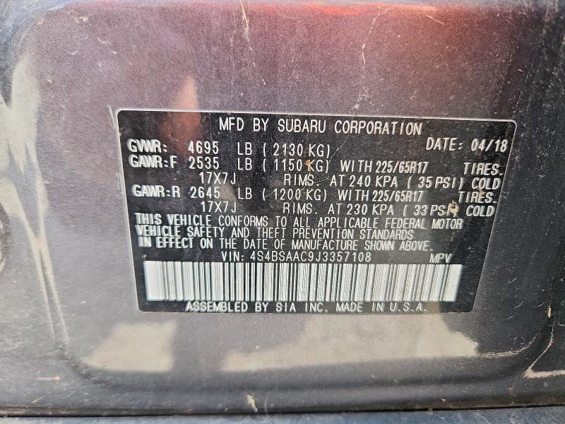 2018 SUBARU OUTBACK 2.5I 13