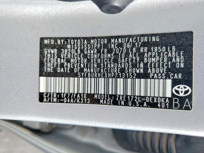 2017 TOYOTA COROLLA L 12