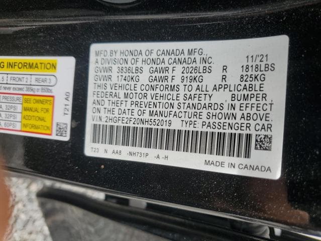2022 HONDA CIVIC LX 12