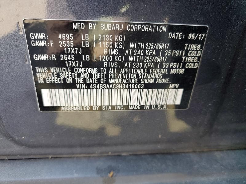 2017 SUBARU OUTBACK 2.5I 14