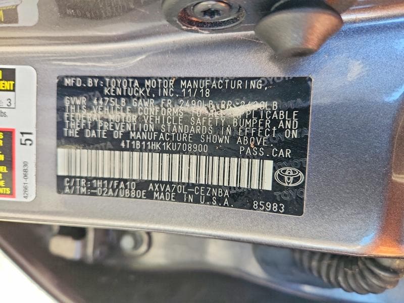 2019 TOYOTA CAMRY LE 12