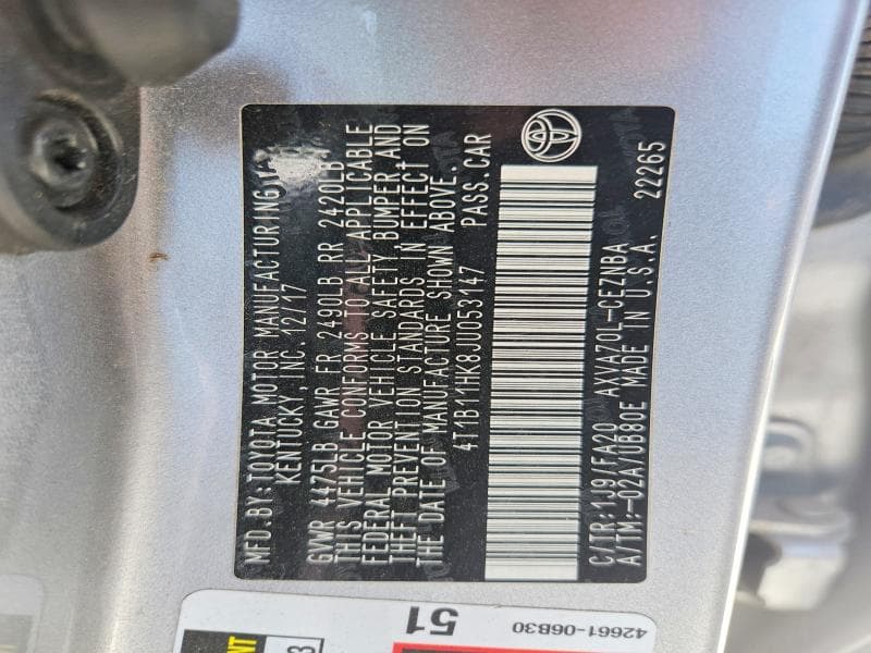 2018 TOYOTA CAMRY LE 12