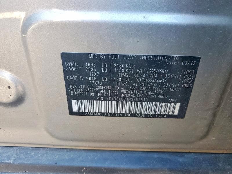 2017 SUBARU OUTBACK 2.5I PREMIUM 12
