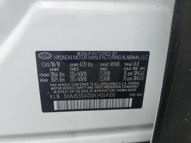 2019 HYUNDAI SANTA FE SEL PLUS 2.4L 13