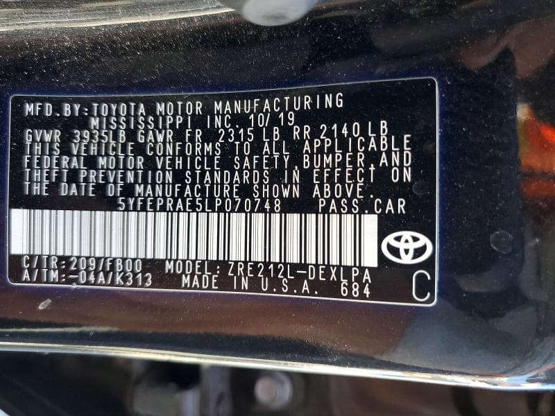 2020 TOYOTA COROLLA LE 12