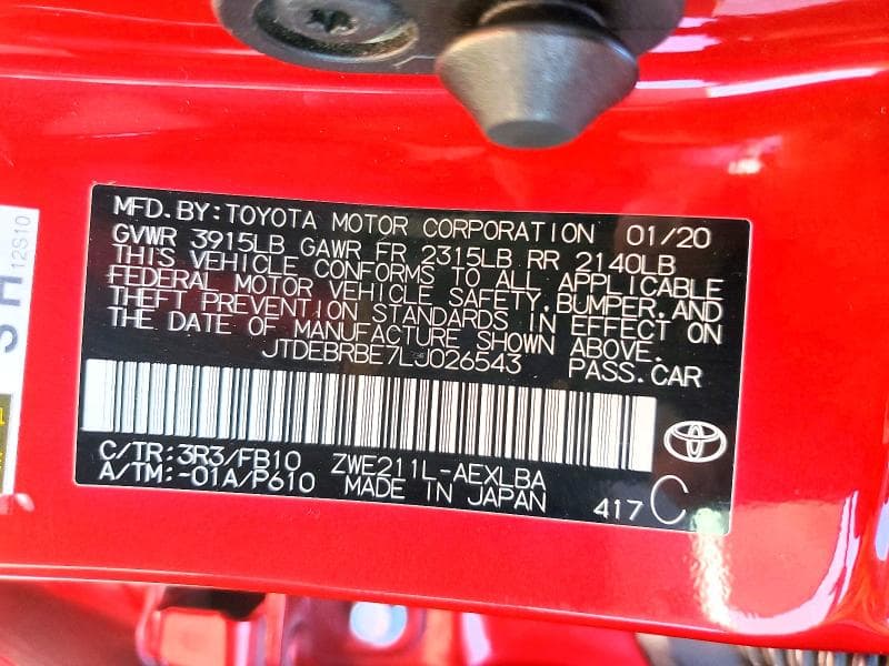 2020 TOYOTA COROLLA LE 12