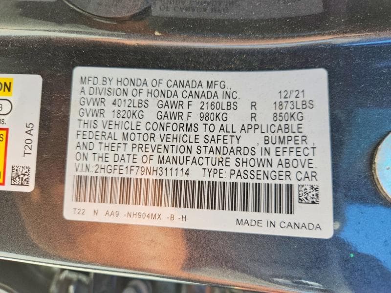 2022 HONDA CIVIC EX 12