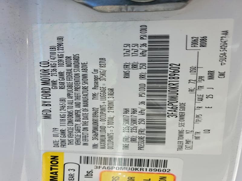 2019 FORD FUSION SEL 12