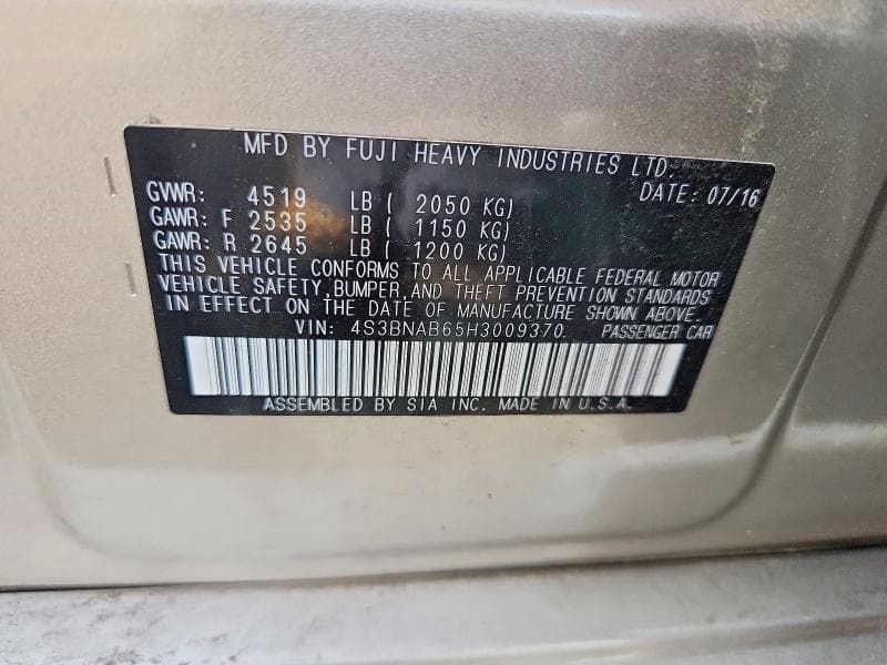 2017 SUBARU LEGACY 2.5I 12