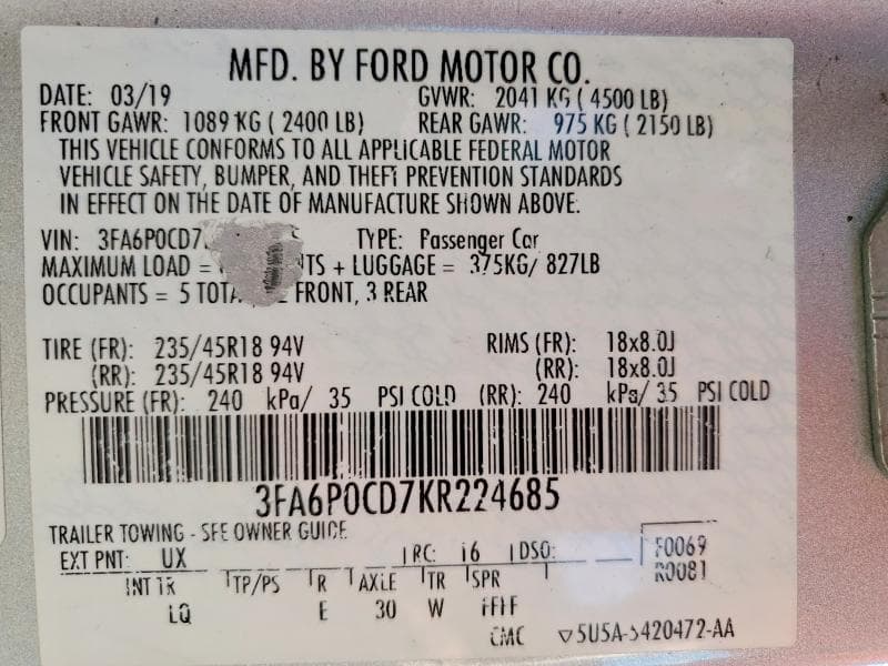 2019 FORD FUSION SEL 12