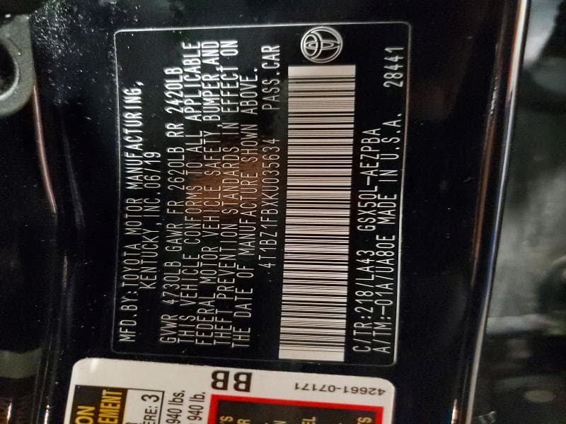 2019 TOYOTA AVALON LIMITED 12