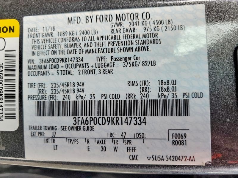 2019 FORD FUSION SEL 12