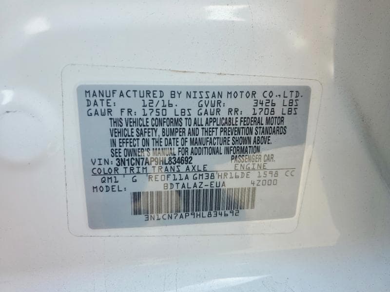 2017 NISSAN VERSA 1.6 S PLUS 12