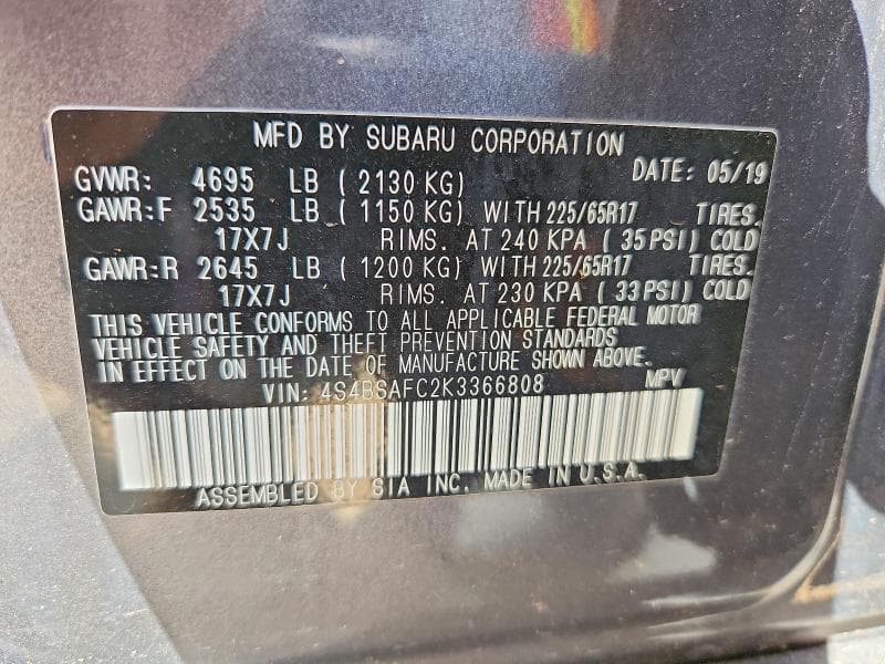 2019 SUBARU OUTBACK 2.5I PREMIUM 13