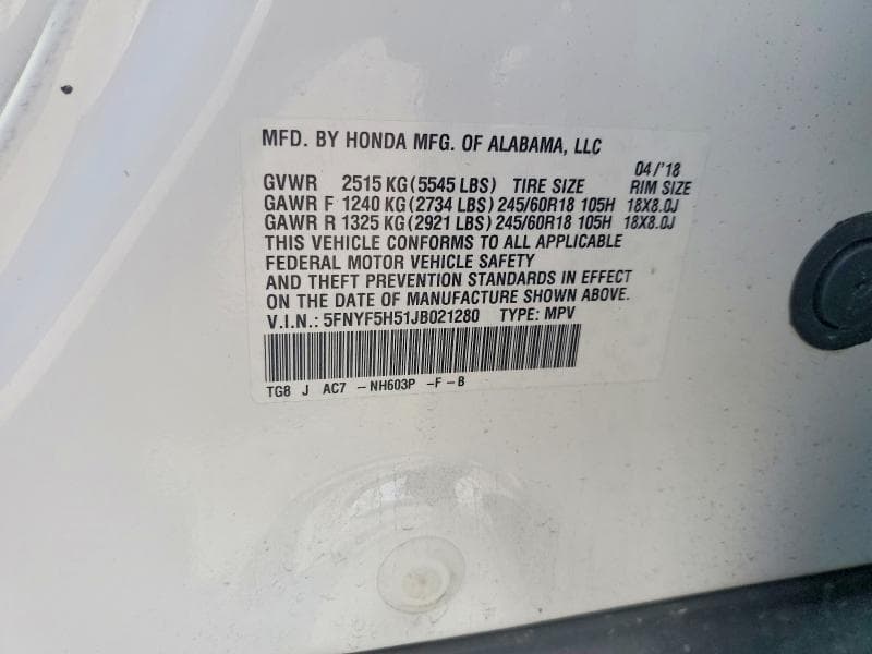 2018 HONDA PILOT EXL 12