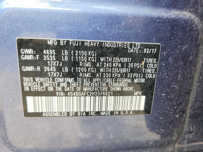 2017 SUBARU OUTBACK 2.5I PREMIUM 14