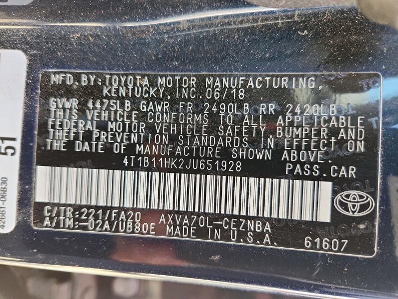 2018 TOYOTA CAMRY LE 12