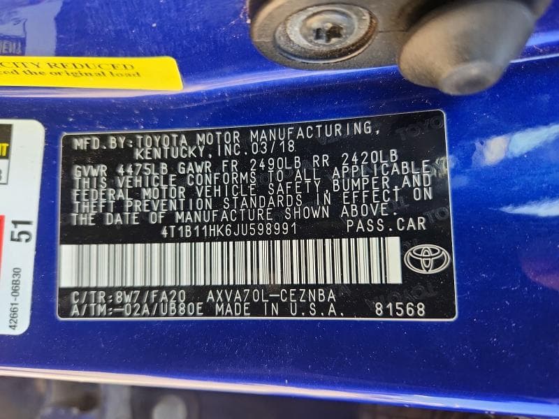 2018 TOYOTA CAMRY LE 12