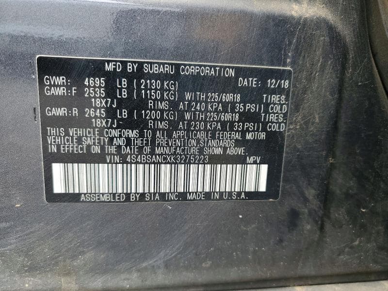 2019 SUBARU OUTBACK 2.5I LIMITED 12