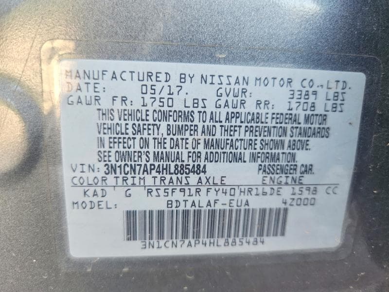 2017 NISSAN VERSA 1.6 S 12