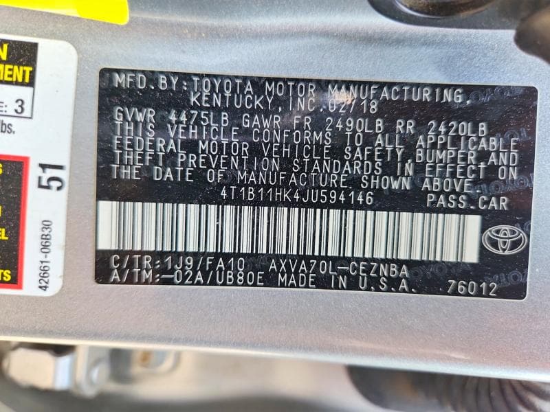 2018 TOYOTA CAMRY LE 12