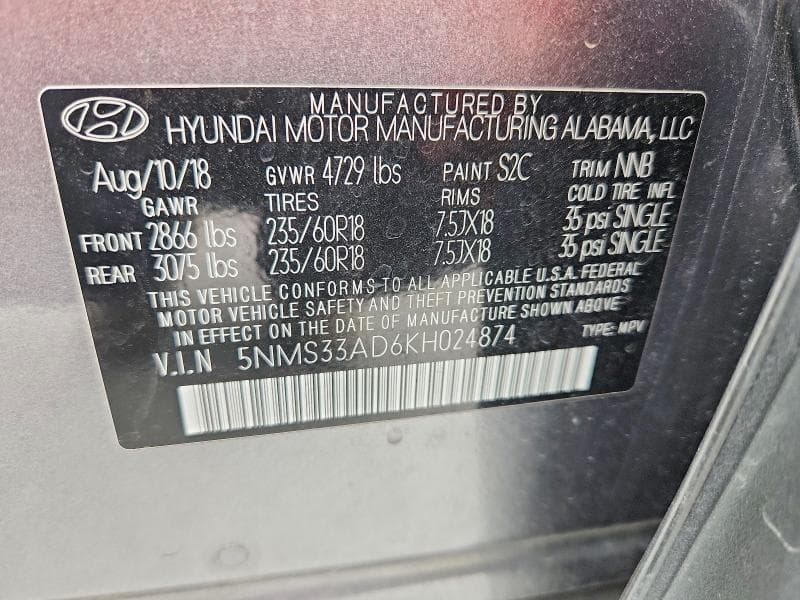 2019 HYUNDAI SANTA FE SEL PLUS 2.4L 13