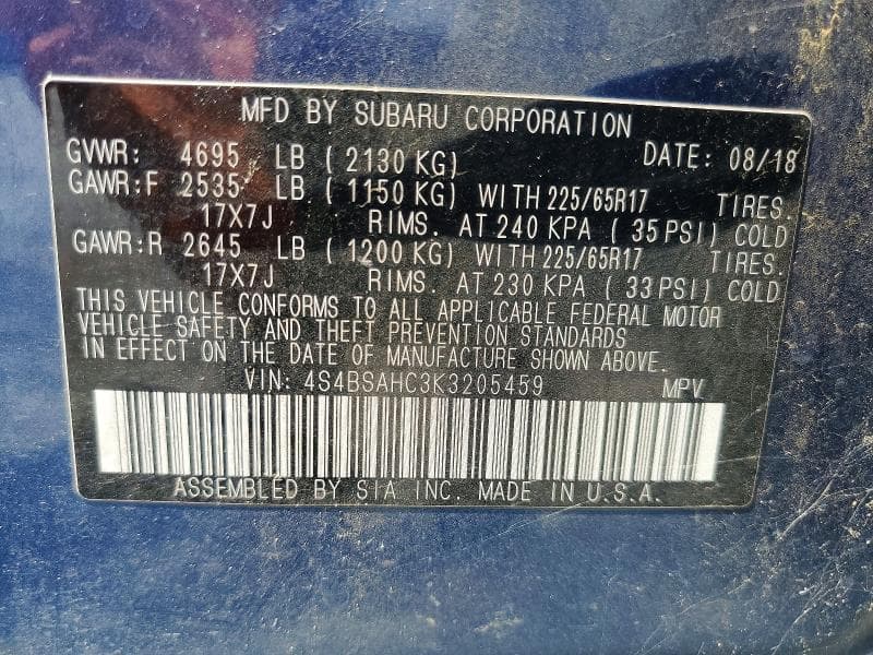 2019 SUBARU OUTBACK 2.5I PREMIUM 12