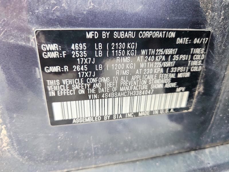 2017 SUBARU OUTBACK 2.5I PREMIUM 12