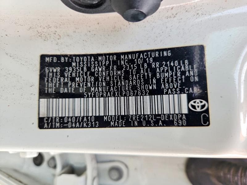2020 TOYOTA COROLLA L 12