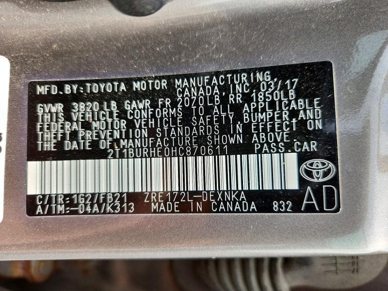 2017 TOYOTA COROLLA LE 12