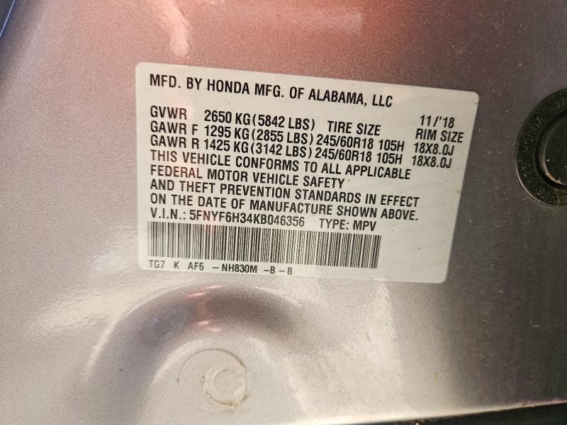 2019 HONDA PILOT EX 13